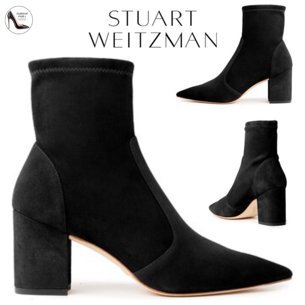 Stuart Weitzman Stuart 75 Block Heel  Stretch Bootie Black Suede Ankle Boots 6.5